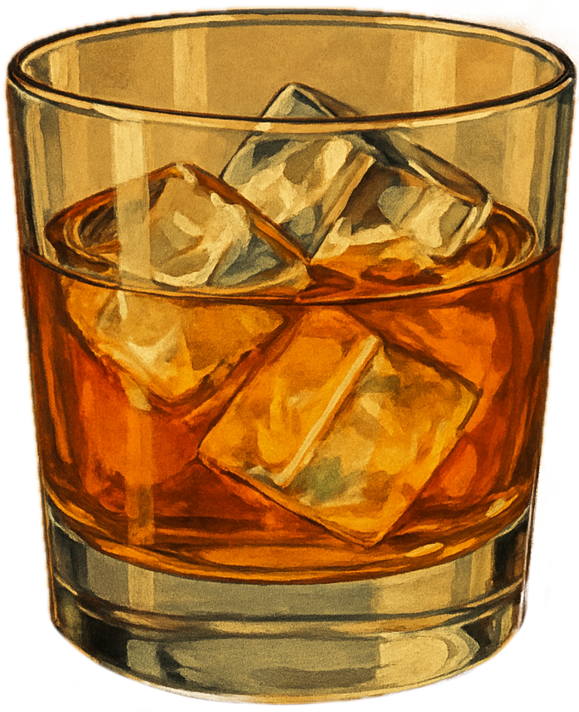 A transparent PNG of a glass of scotch on the rocks.